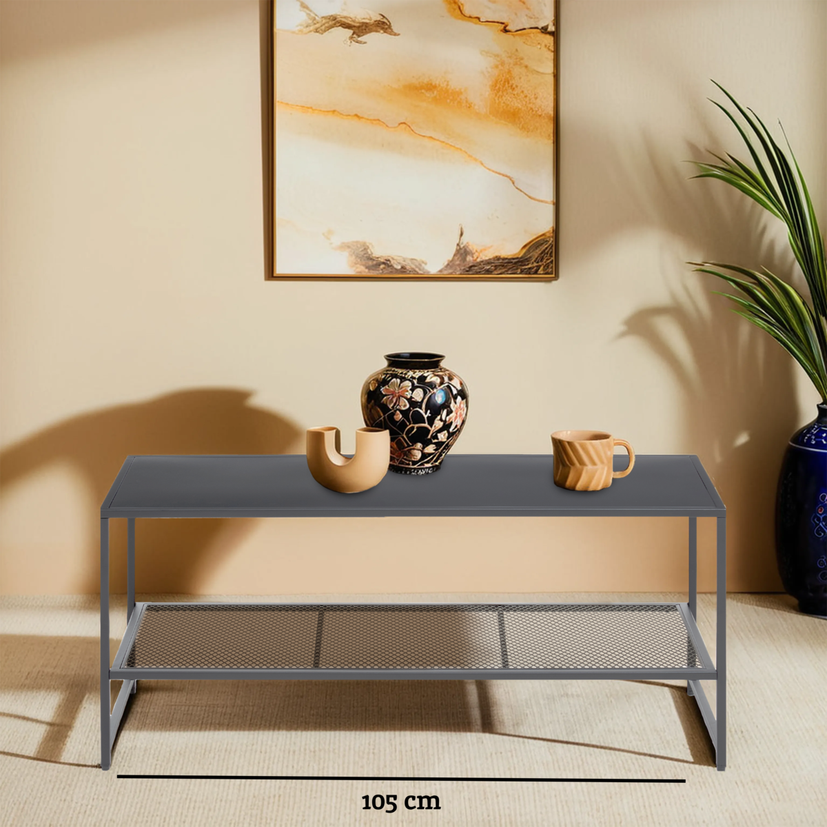 Grey Metal Coffee Table with Mesh Shelf