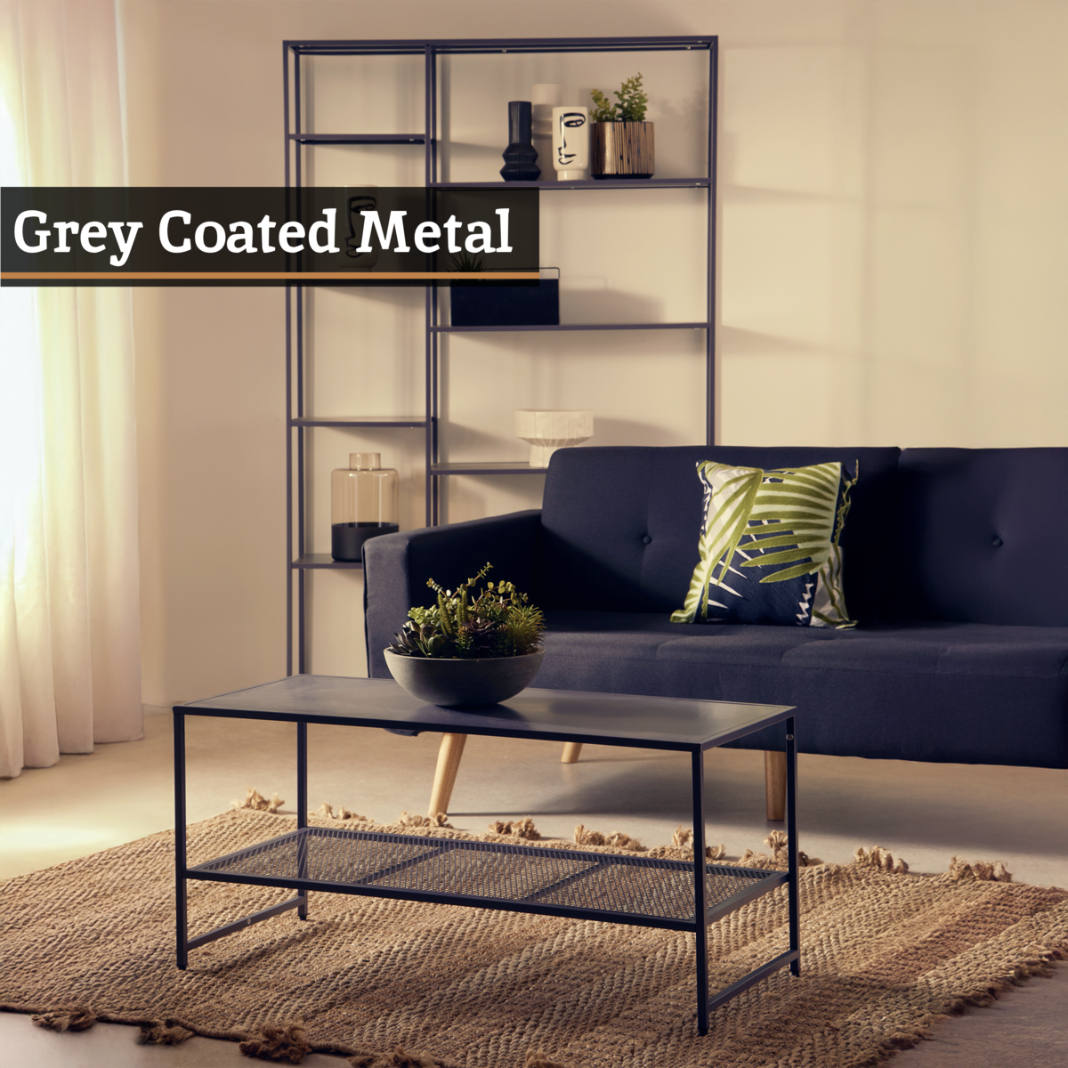 Grey Metal Coffee Table with Mesh Shelf
