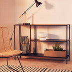 Black Metal Console Table with Rectangular Top and Two-Tier Open Shelf Storage,