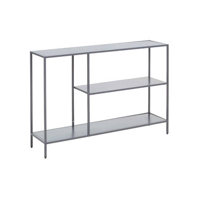 Grey Metal Console Table with Rectangular Top and Two-Tier Open Shelf Storage,