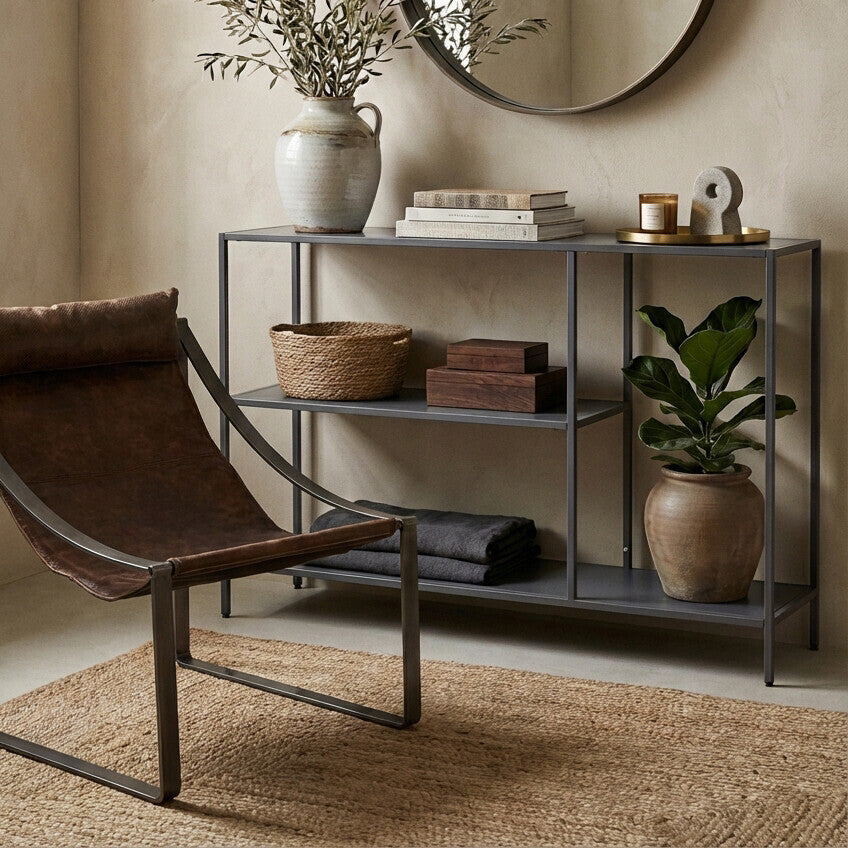 Grey Metal Console Table with Rectangular Top and Two-Tier Open Shelf Storage,