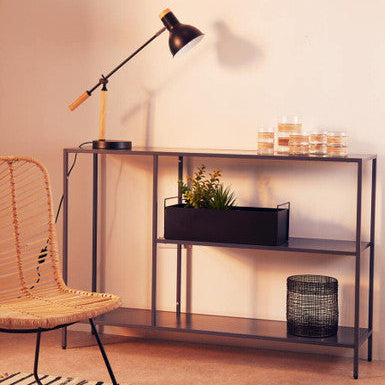 Grey Metal Console Table with Rectangular Top and Two-Tier Open Shelf Storage,