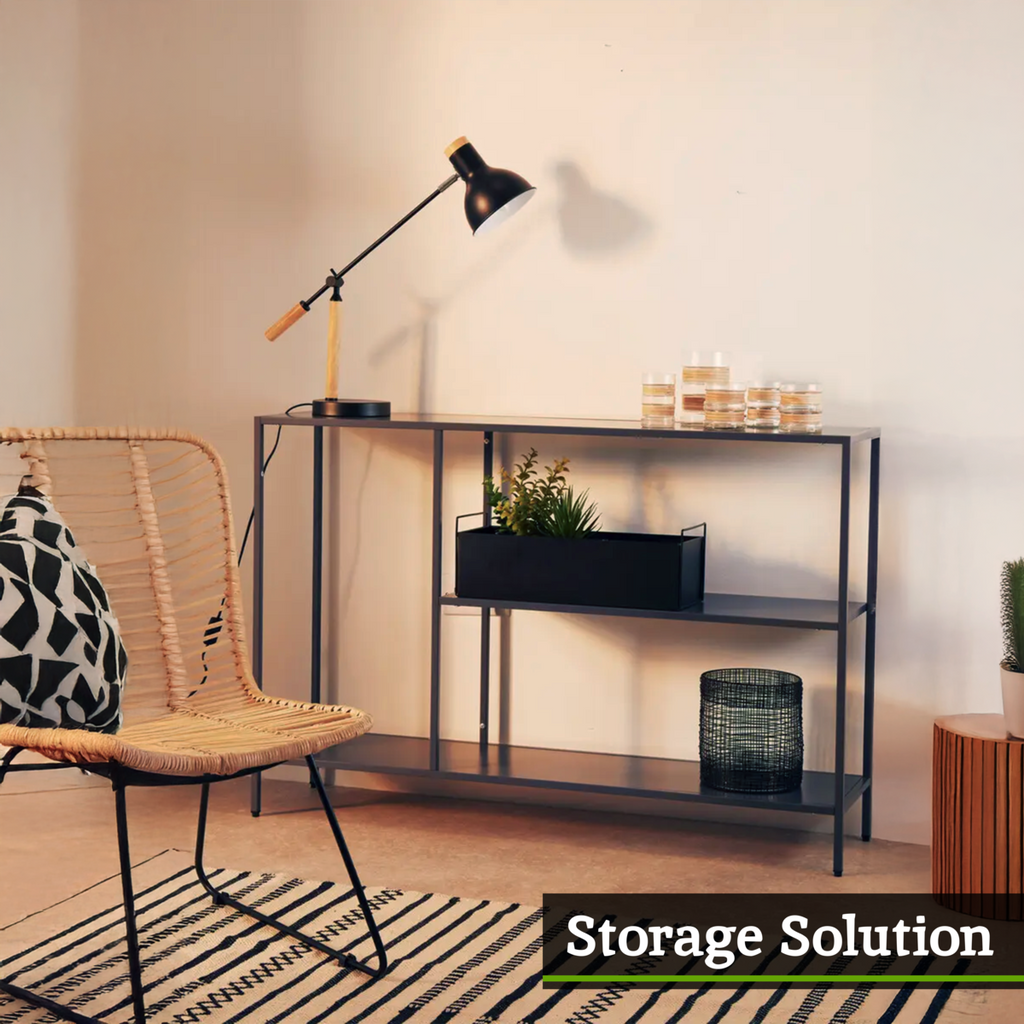 Grey Metal Console Table with Rectangular Top and Two-Tier Open Shelf Storage,