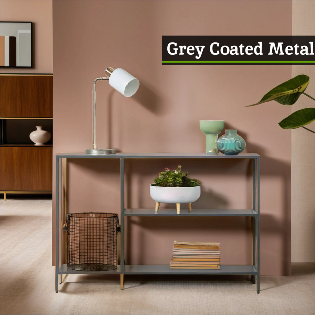 Grey Metal Console Table with Rectangular Top and Two-Tier Open Shelf Storage,