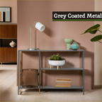 Grey Metal Console Table with Rectangular Top and Two-Tier Open Shelf Storage,
