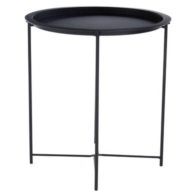 Black Powder Coated Metal Round Side Table with Intersecting Cross Base