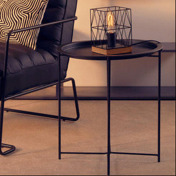 Black Powder Coated Metal Round Side Table with Intersecting Cross Base