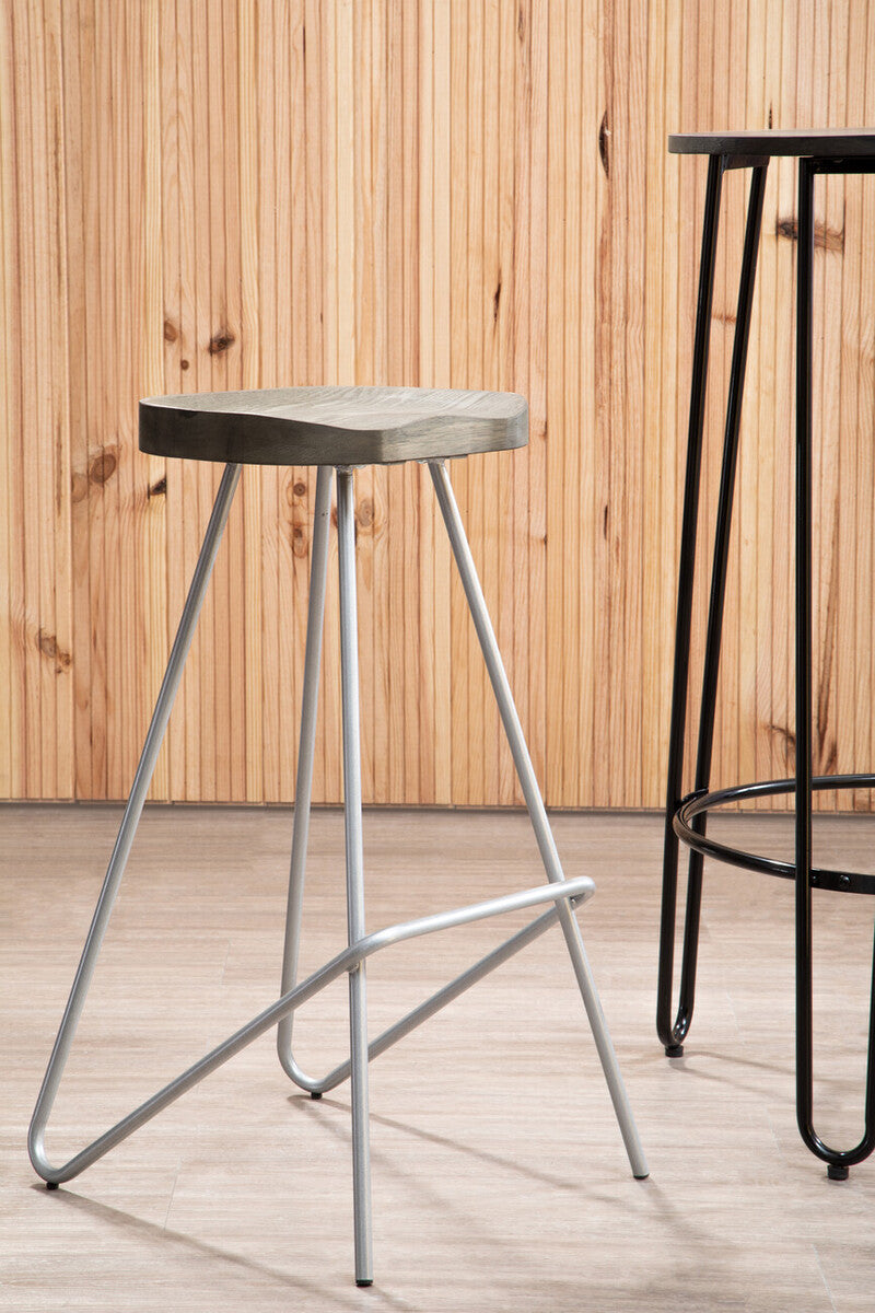 Elm Wood Bar Stool with Silver Finish Frame