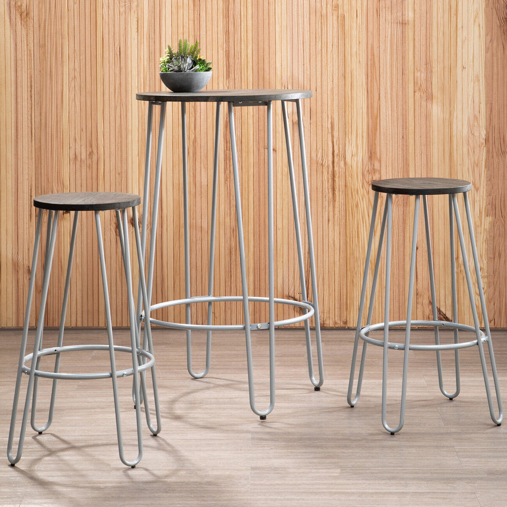 Elm Wood 3 Piece Bar Table and Stool Set with Grey Finish Legs