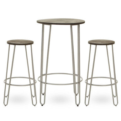 Wooden 3 Piece Bar Table and Stool Set with Silver Finish Legs