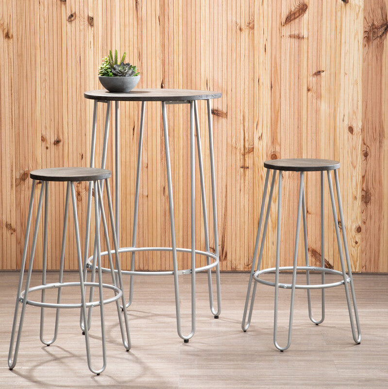 Wooden 3 Piece Bar Table and Stool Set with Silver Finish Legs