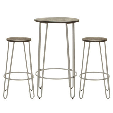Wooden 3 Piece Bar Table and Stool Set with Silver Finish Legs