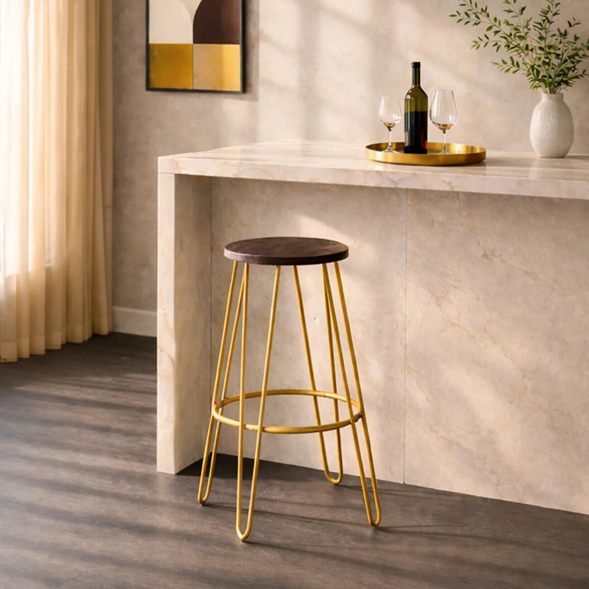 Wooden Bar Stool with Gold Finish Legs