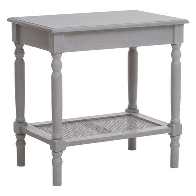 Grey Wash Wooden Side Table with Rattan Shelf