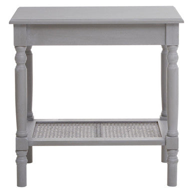 Grey Wash Wooden Side Table with Rattan Shelf