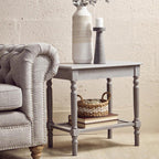 Grey Wash Wooden Side Table with Rattan Shelf