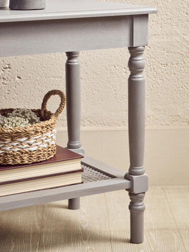 Grey Wash Wooden Side Table with Rattan Shelf