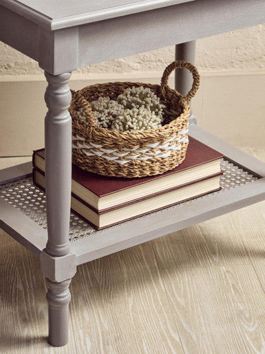 Grey Wash Wooden Side Table with Rattan Shelf