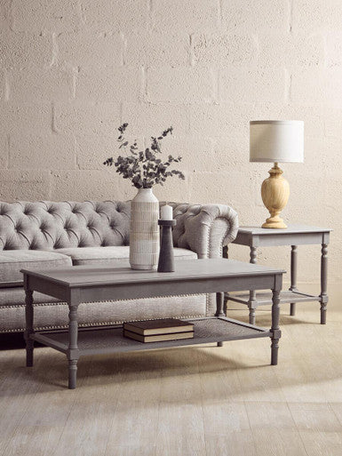 Grey Wash Wooden Side Table with Rattan Shelf