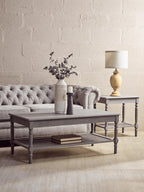 Grey Wash Wooden Side Table with Rattan Shelf