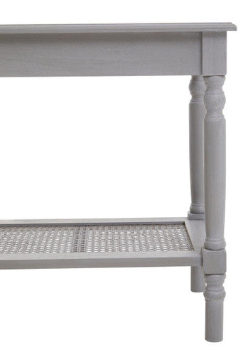 Grey Wash Wooden Side Table with Rattan Shelf