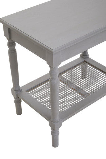 Grey Wash Wooden Side Table with Rattan Shelf