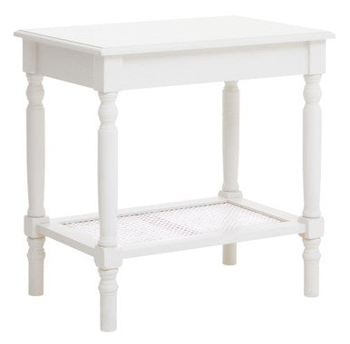 White Wooden Side Table with Rattan Shelf