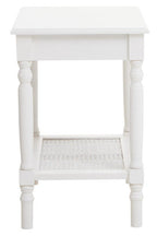 White Wooden Side Table with Rattan Shelf