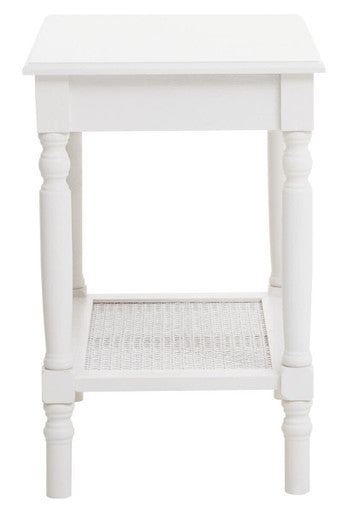 White Wooden Side Table with Rattan Shelf