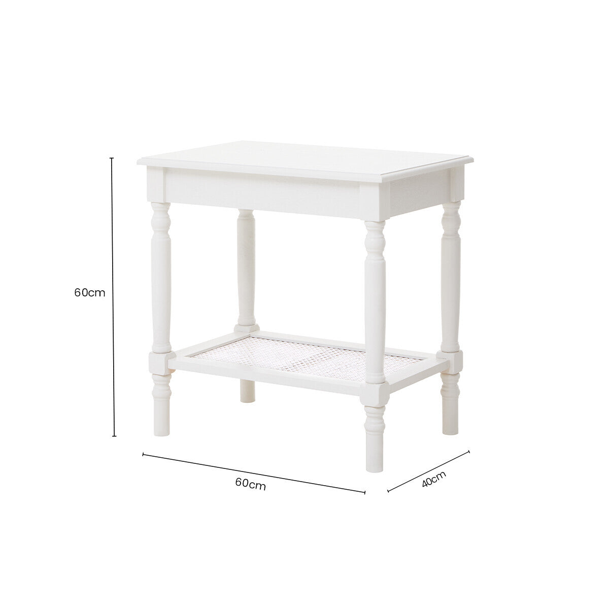 White Wooden Side Table with Rattan Shelf