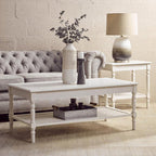 White Wooden Side Table with Rattan Shelf