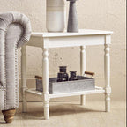 White Wooden Side Table with Rattan Shelf