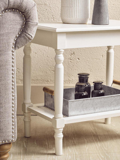 White Wooden Side Table with Rattan Shelf