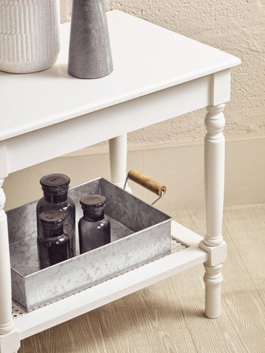 White Wooden Side Table with Rattan Shelf