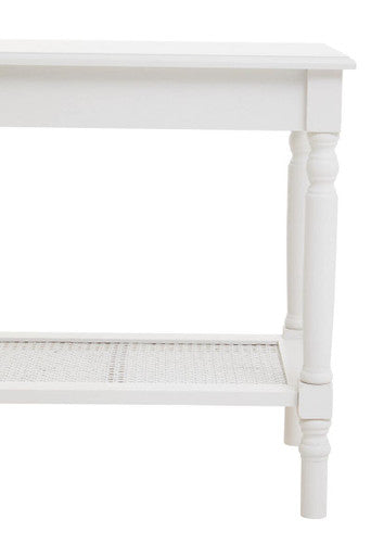 White Wooden Side Table with Rattan Shelf