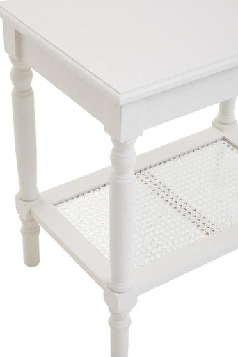 White Wooden Side Table with Rattan Shelf