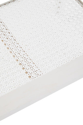 White Wooden Side Table with Rattan Shelf