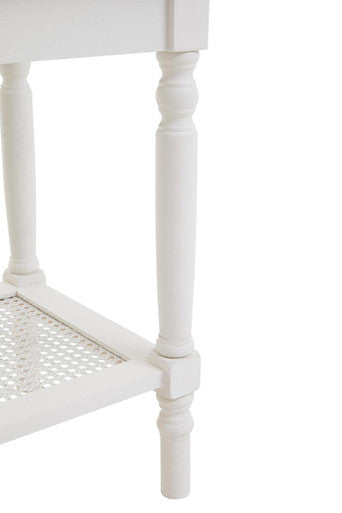 White Wooden Side Table with Rattan Shelf