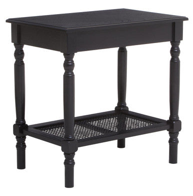 Black Wooden Side Table with Rattan Shelf