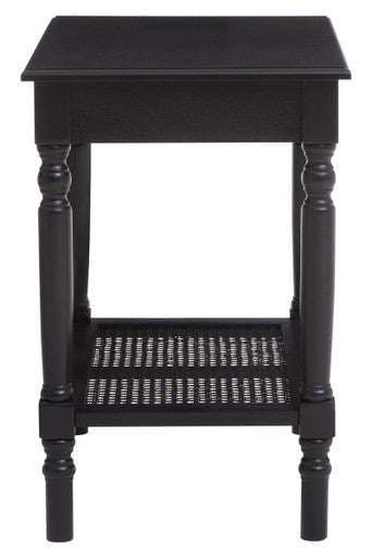 Black Wooden Side Table with Rattan Shelf