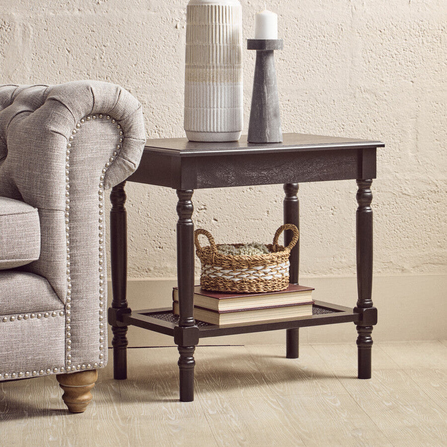 Black Wooden Side Table with Rattan Shelf
