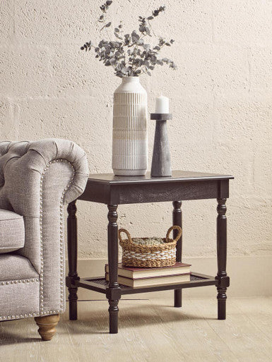 Black Wooden Side Table with Rattan Shelf