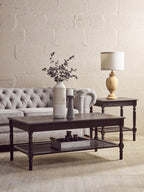 Black Wooden Side Table with Rattan Shelf