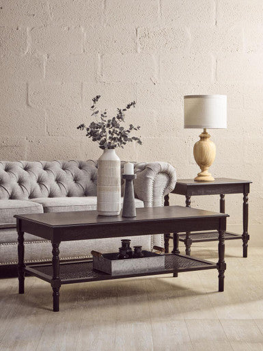 Black Wooden Side Table with Rattan Shelf