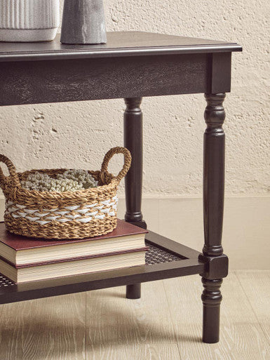 Black Wooden Side Table with Rattan Shelf
