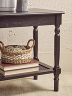 Black Wooden Side Table with Rattan Shelf