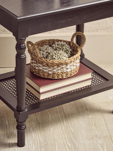 Black Wooden Side Table with Rattan Shelf