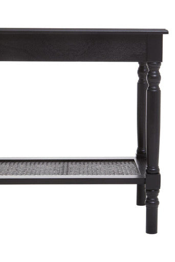 Black Wooden Side Table with Rattan Shelf