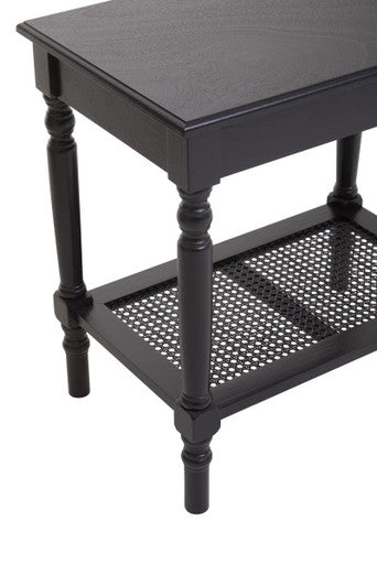 Black Wooden Side Table with Rattan Shelf