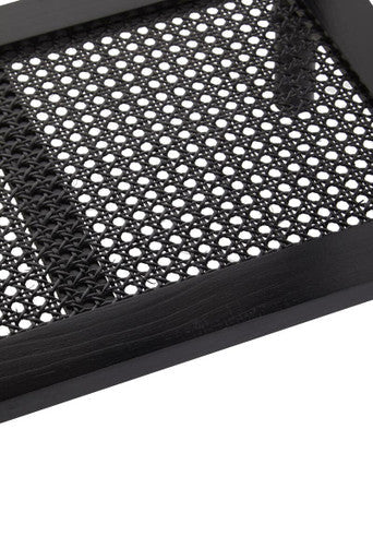 Black Wooden Side Table with Rattan Shelf